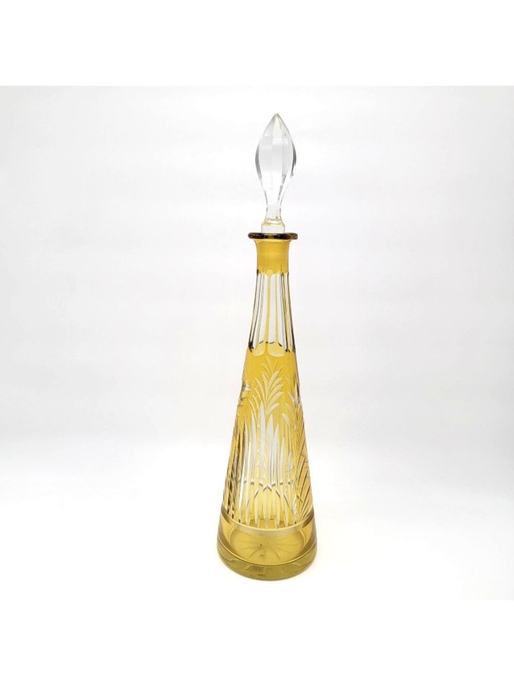 Bohemian Amber Cut-To-Clear Glass Decanter With Crystal Stopper
